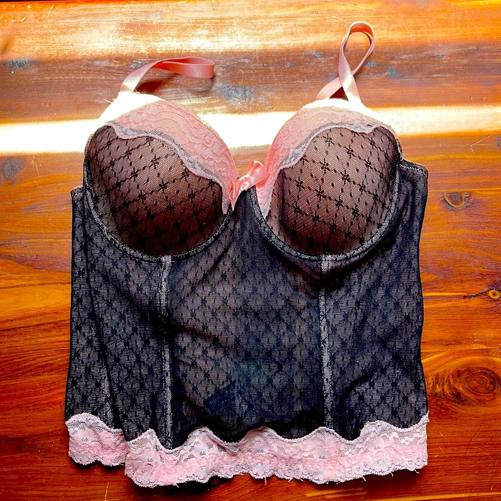 Donna Loren Corset Lingerie Bra Womens 36C Black Pink Lace Bustier